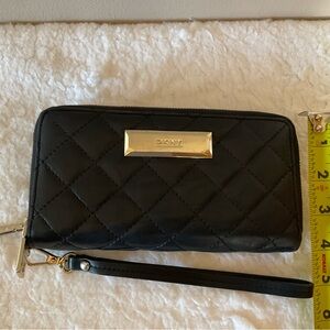 DKNY Black Leather Quilted Wristlet with Gold Detail
